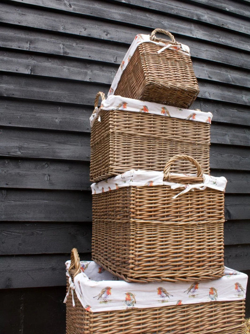 Rectangular Natural-Wash Wicker Log Fireside Storage Basket with Robin Liner