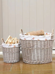 Round Driftwood-wash Wicker Log Fireside Storage Basket with Robin Bird Liner