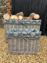 Rectangular Grey-wash Wicker Log Storage Basket Mulberry Liner & Rope Handle