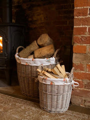 Round Driftwood-wash Wicker Log Fireside Storage Basket with Robin Bird Liner
