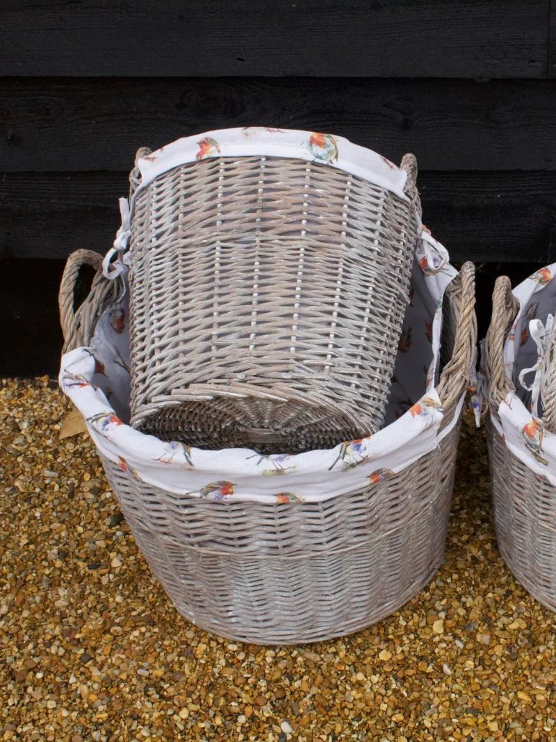 Round Driftwood-wash Wicker Log Fireside Storage Basket with Robin Bird Liner