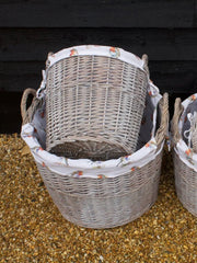 Round Driftwood-wash Wicker Log Fireside Storage Basket with Robin Bird Liner