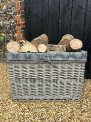 Rectangular Grey-wash Wicker Log Storage Basket Mulberry Liner & Rope Handle