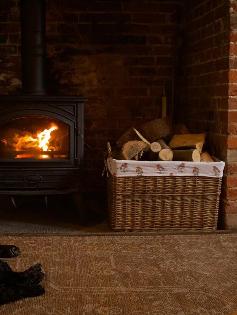 Rectangular Natural-Wash Wicker Log Fireside Storage Basket with Robin Liner