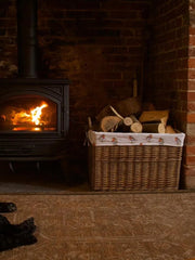 Rectangular Natural-Wash Wicker Log Fireside Storage Basket with Robin Liner