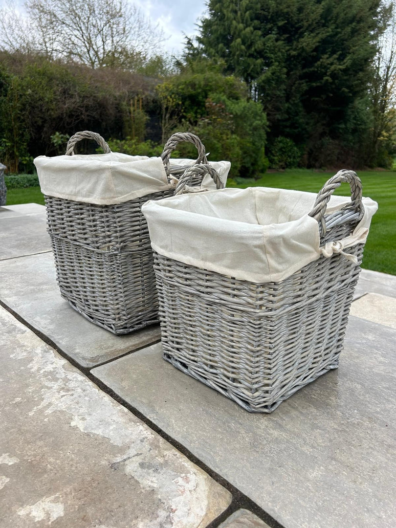 Square Driftwood-wash Wicker Log Fireside Storage Basket - Plain Natural Liner