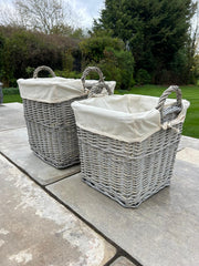 Square Driftwood-wash Wicker Log Fireside Storage Basket - Plain Natural Liner