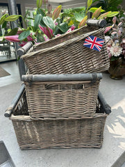 Grey-wash Rectangular Wicker Basket with Wooden Handles Home Toy Storage Hamper