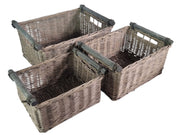 Grey-wash Rectangular Wicker Basket with Wooden Handles Home Toy Storage Hamper