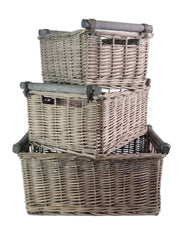 Grey-wash Rectangular Wicker Basket with Wooden Handles Home Toy Storage Hamper