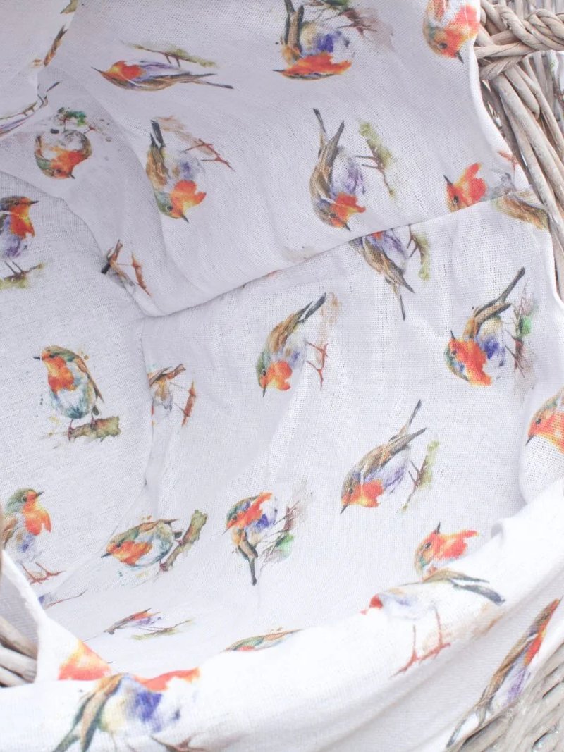 Round Driftwood-wash Wicker Log Fireside Storage Basket with Robin Bird Liner