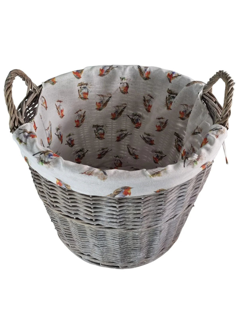 Round Driftwood-wash Wicker Log Fireside Storage Basket with Robin Bird Liner