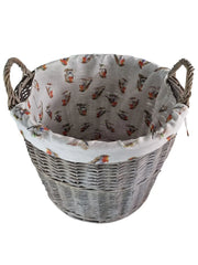 Round Driftwood-wash Wicker Log Fireside Storage Basket with Robin Bird Liner