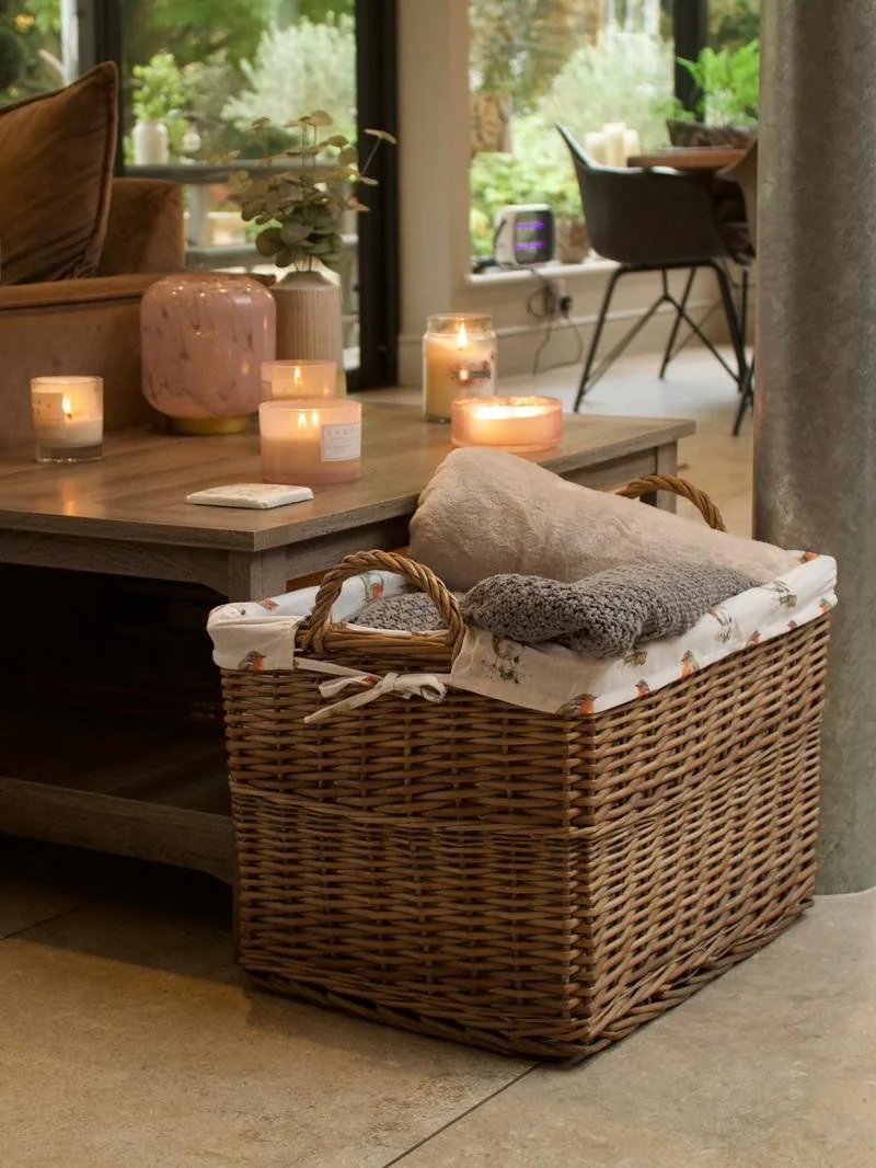 Rectangular Natural-Wash Wicker Log Fireside Storage Basket with Robin Liner