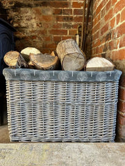 Rectangular Driftwood Wicker Log Fireside Storage Basket with Mulberry Liner