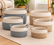 Woven Rope Storage Baskets with Handles Grey Beige Toy Nursery Blanket Basket