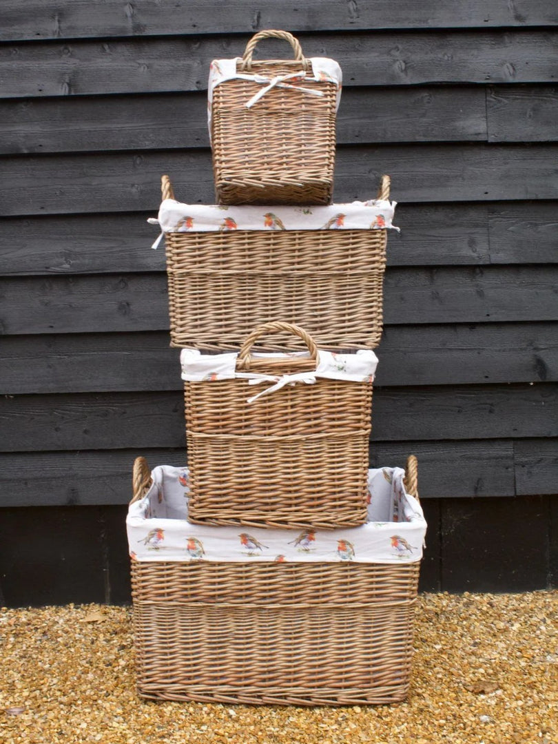 Rectangular Natural-Wash Wicker Log Fireside Storage Basket with Robin Liner
