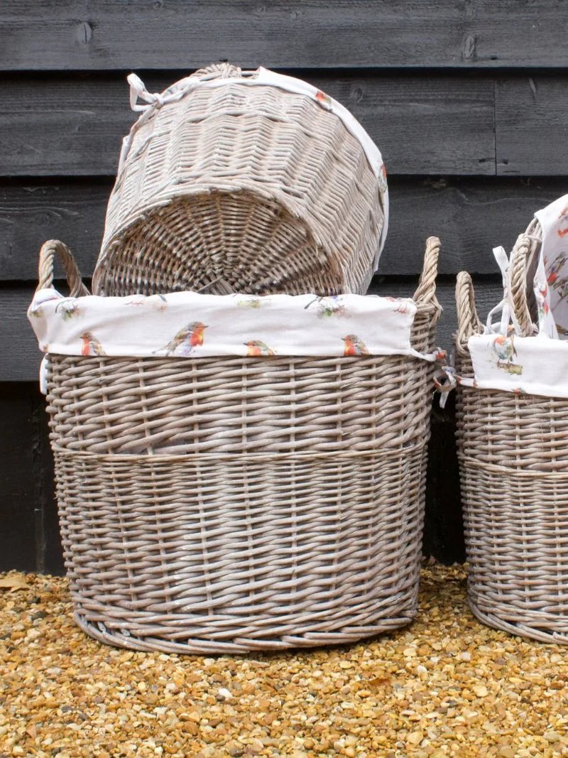 Round Driftwood-wash Wicker Log Fireside Storage Basket with Robin Bird Liner