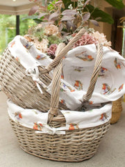 Grey-wash Wicker Shopper Shopping Basket with Robin Bird Liner Storage Hamper