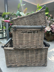 Grey-wash Rectangular Wicker Basket with Wooden Handles Home Toy Storage Hamper