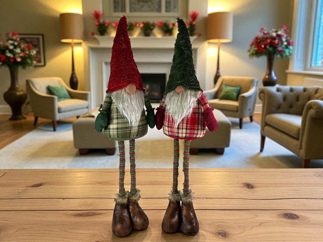 Festive Sparkly Red & Green Gonk Plush Standing Extendable Legs Xmas Decorations